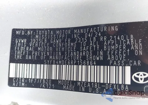 2024 Toyota Corolla Le из США, поврежденный, VIN 5YFB4MDE6RP156864